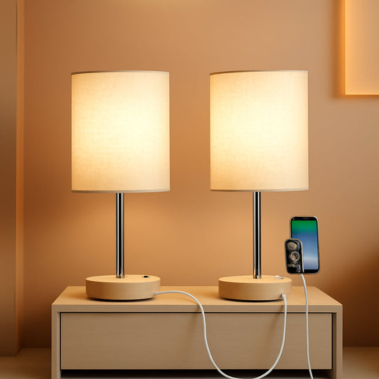 Bedside Table Lamp Set Of 2 Dimmable Three Way AC Outlet-0